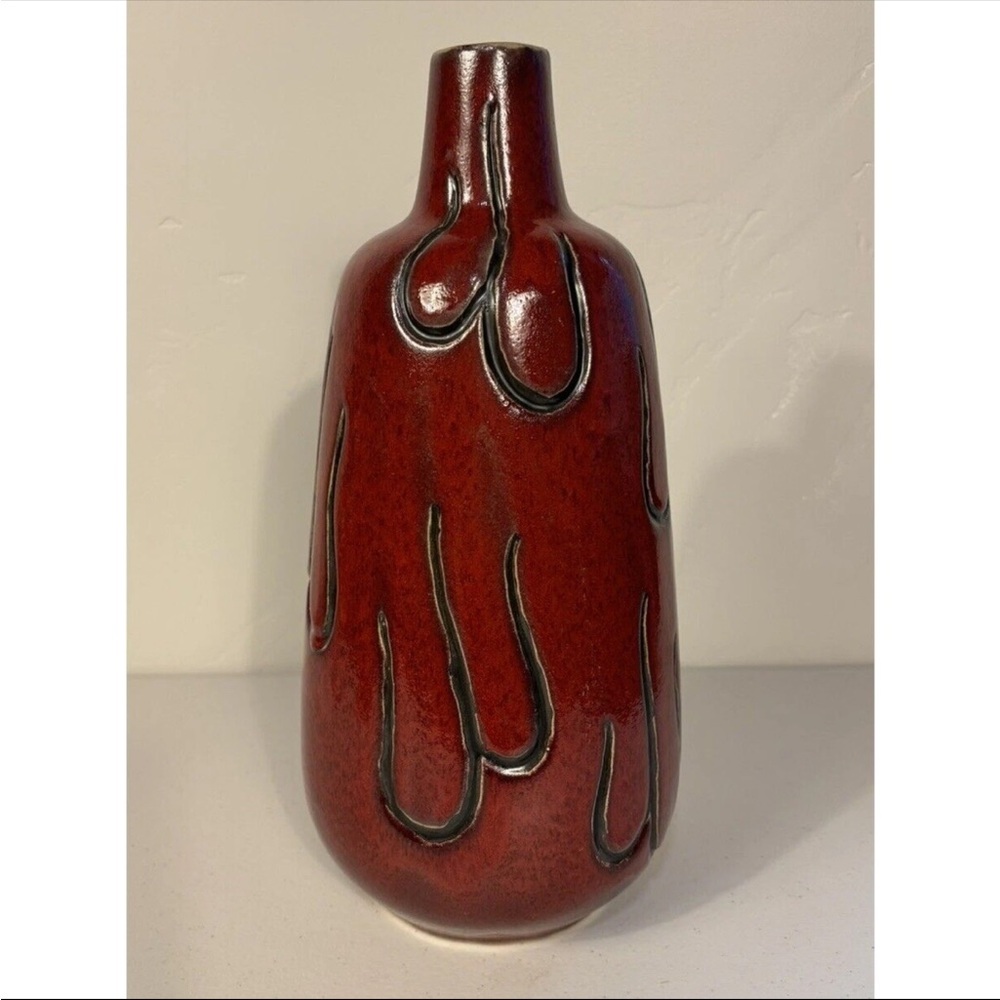 Vintage Pigeon Oxblood Red Unique Large Art Pottery Ceramic Salt Glaze Vase MCM